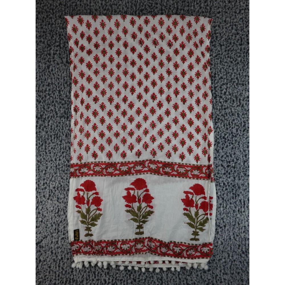 itokri Floral Block‎ Print Scarf White Red Green Pom Pom Trim Boho Unisex OS